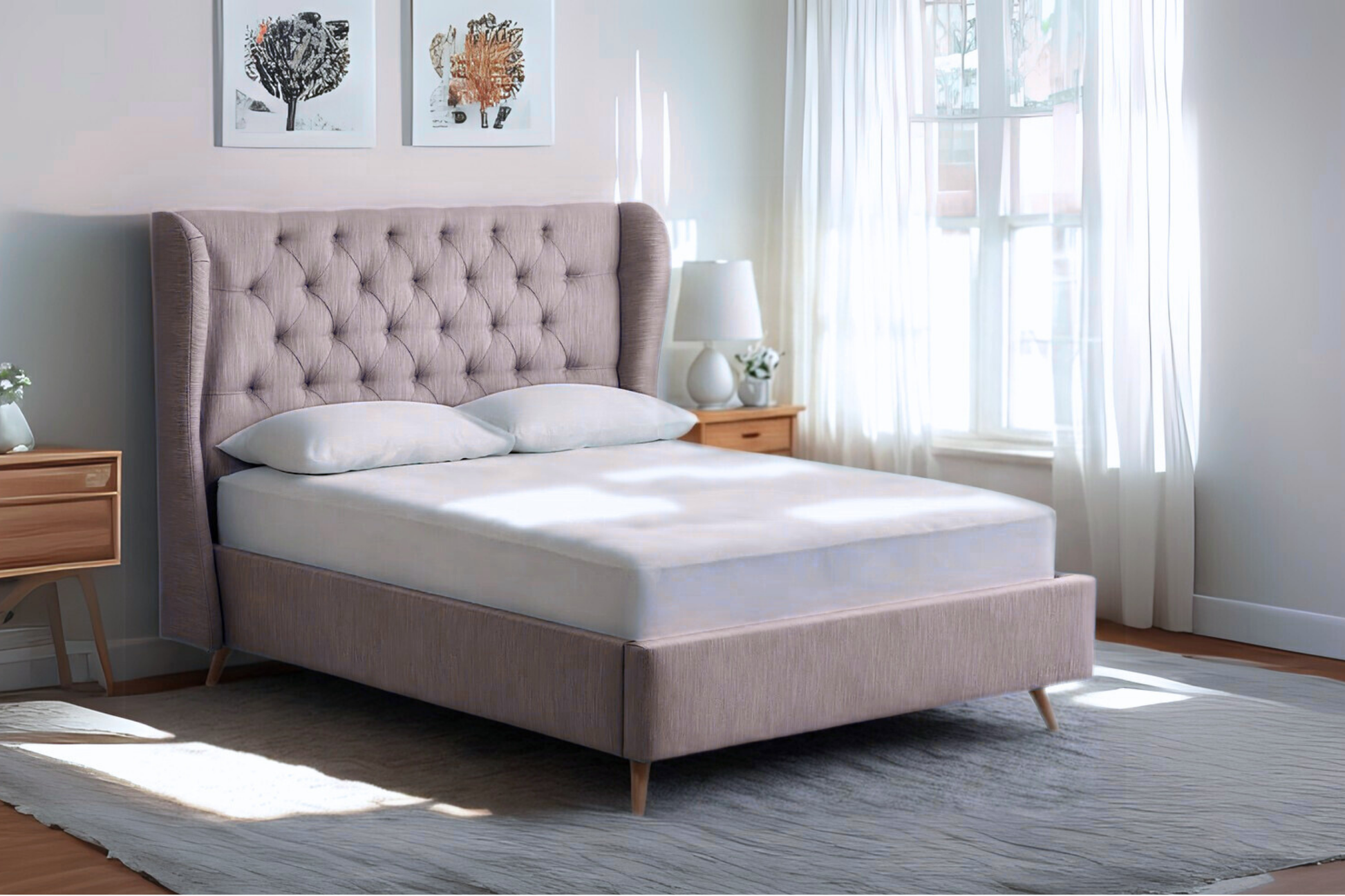 Baker Upholstered Bed With Winged Headboard And Beech Wood Legs-1