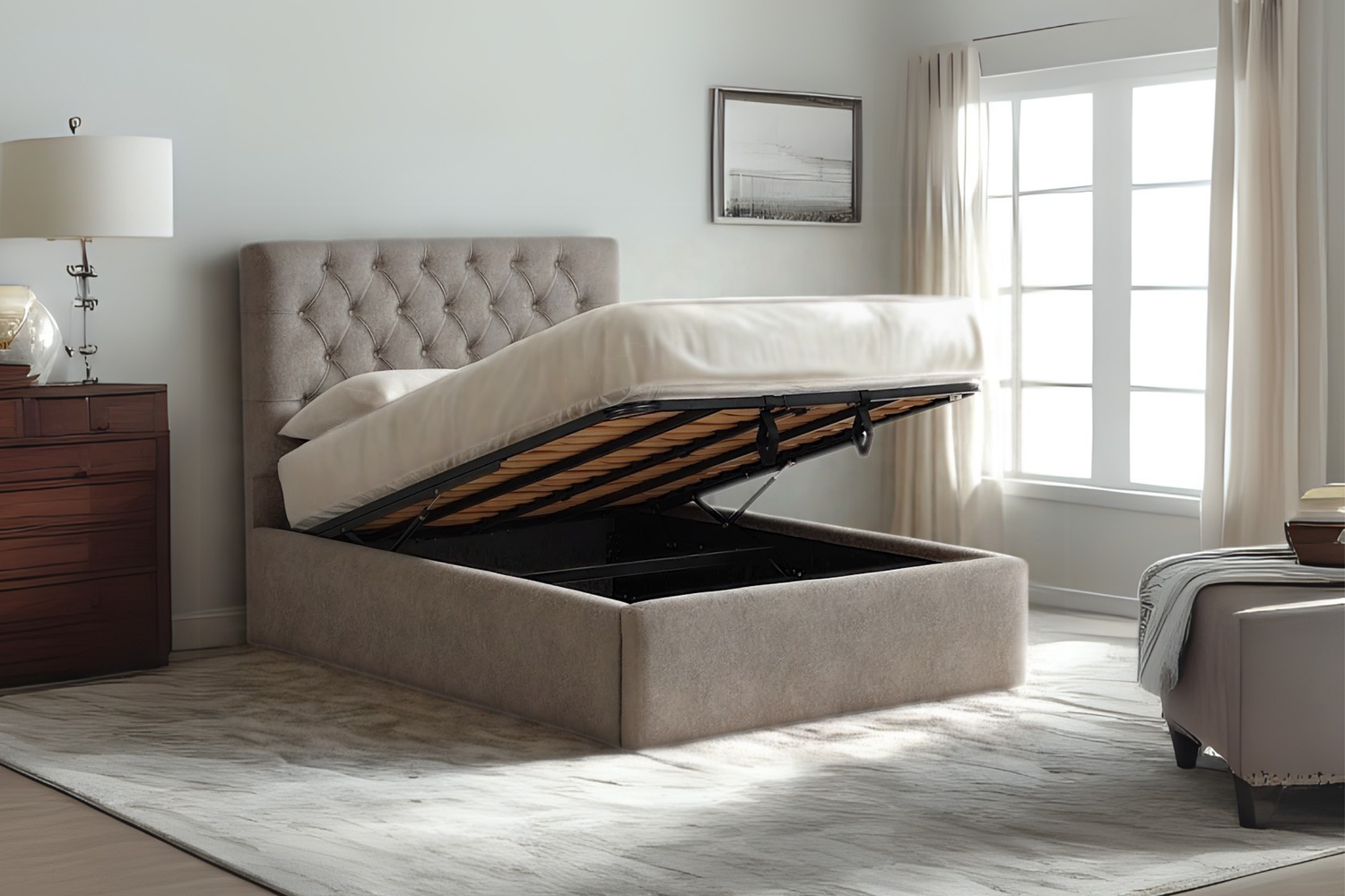 Bassey Upholstered Ottoman Bed With Chesterfield-Style Headboard
