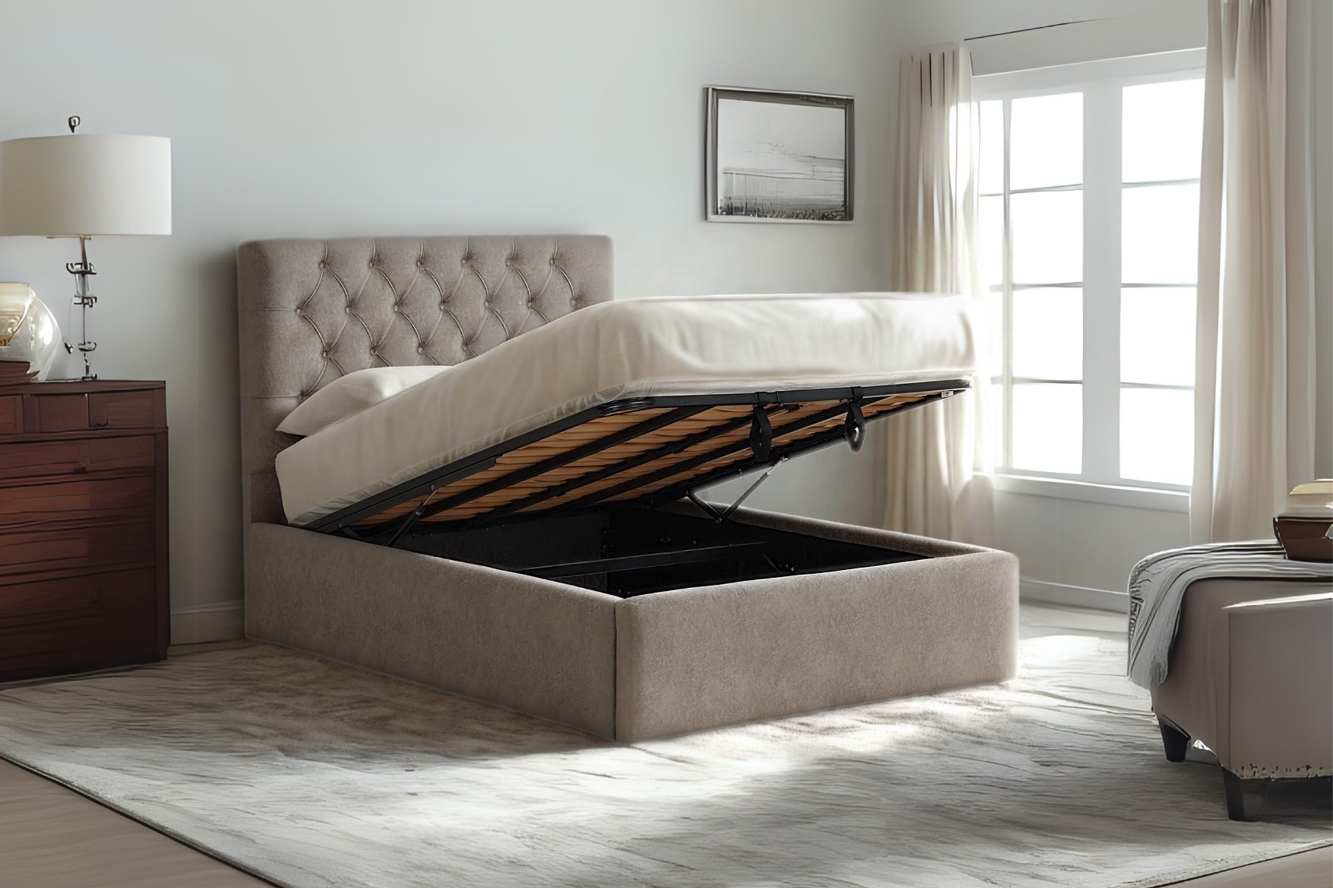 Bassey Upholstered Ottoman Bed With Chesterfield-Style Headboard-1
