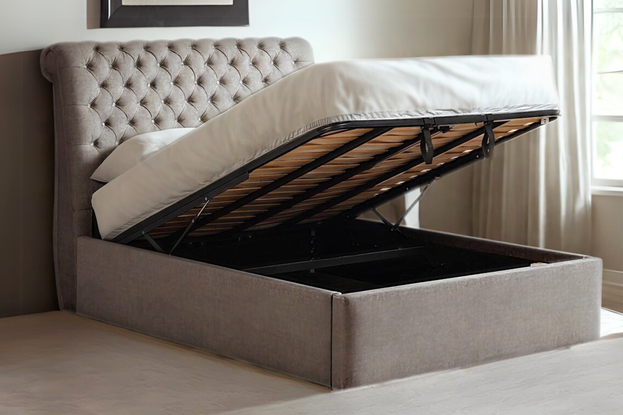 Boudica Upholstered Ottoman Bed With Roll Top Headboard