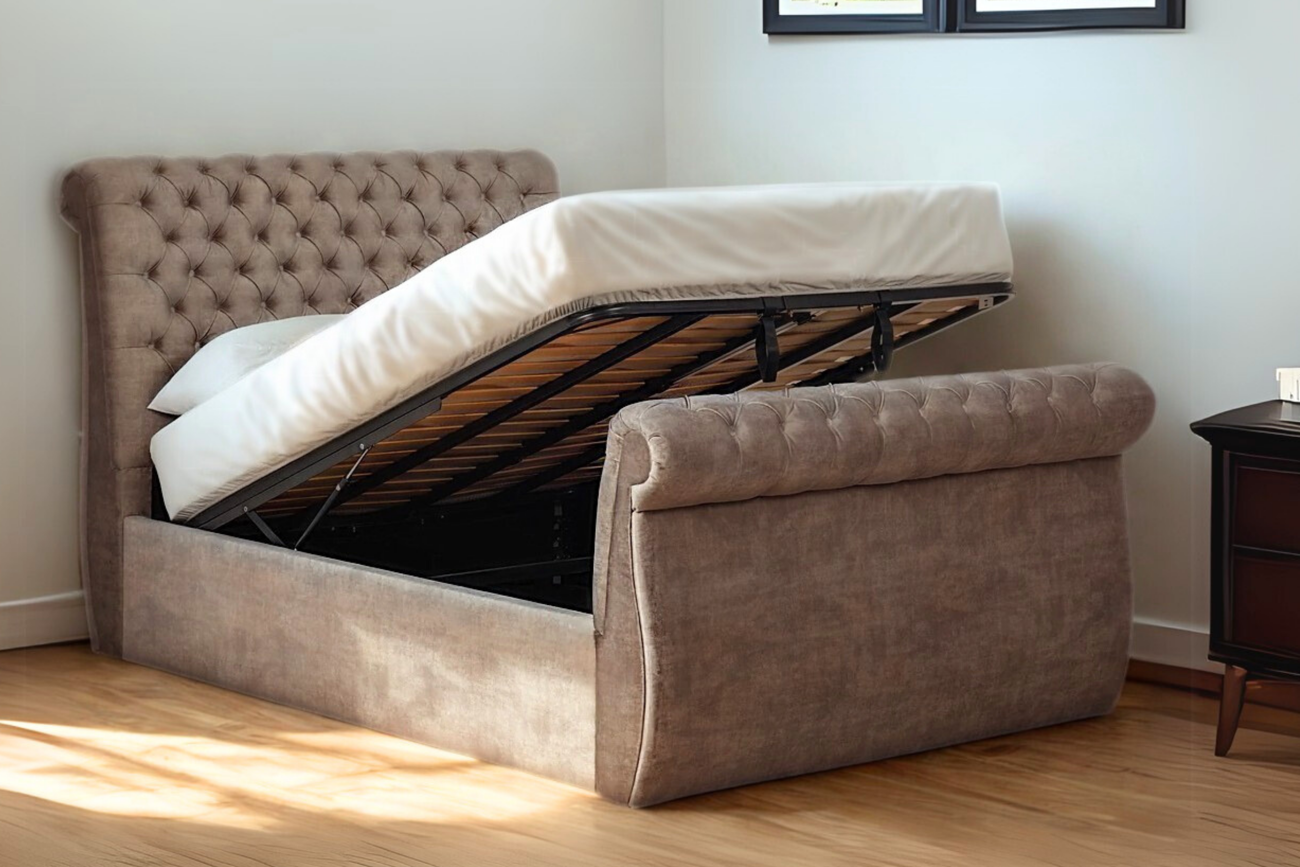 Guinevere Upholstered Ottoman Bed With Sleigh Headboard And Footboard-zoom-1