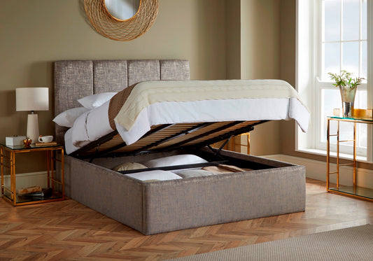Chaplin Upholstered end-lift ottoman bed with fluted headboard