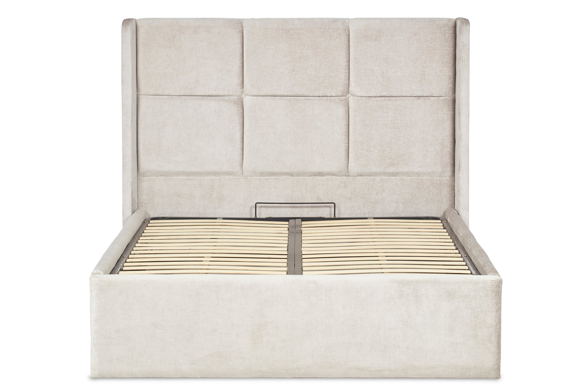 Hockney Upholstered ottoman bed with winged headboard