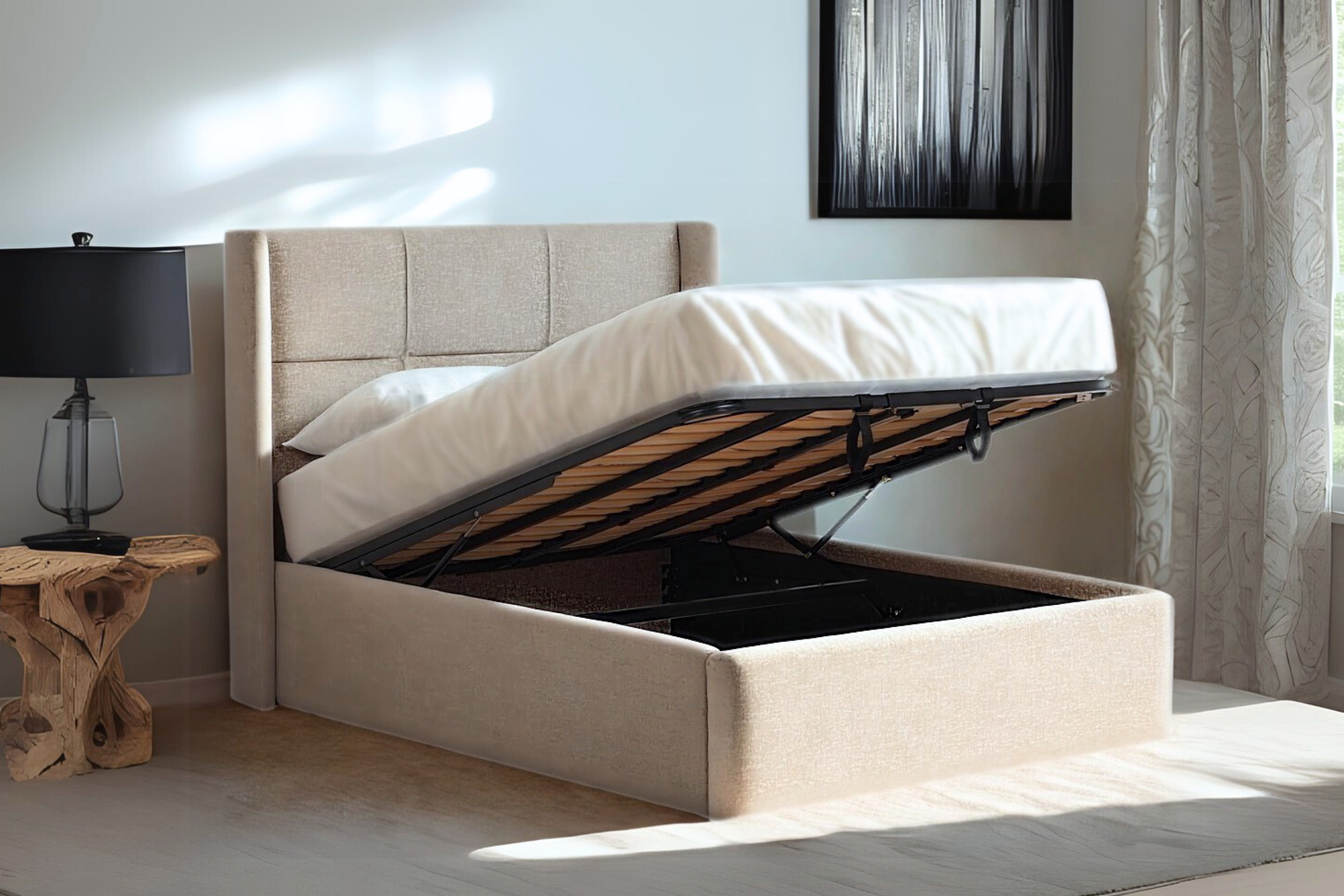 Hockney Upholstered Ottoman Bed With Winged Headboard