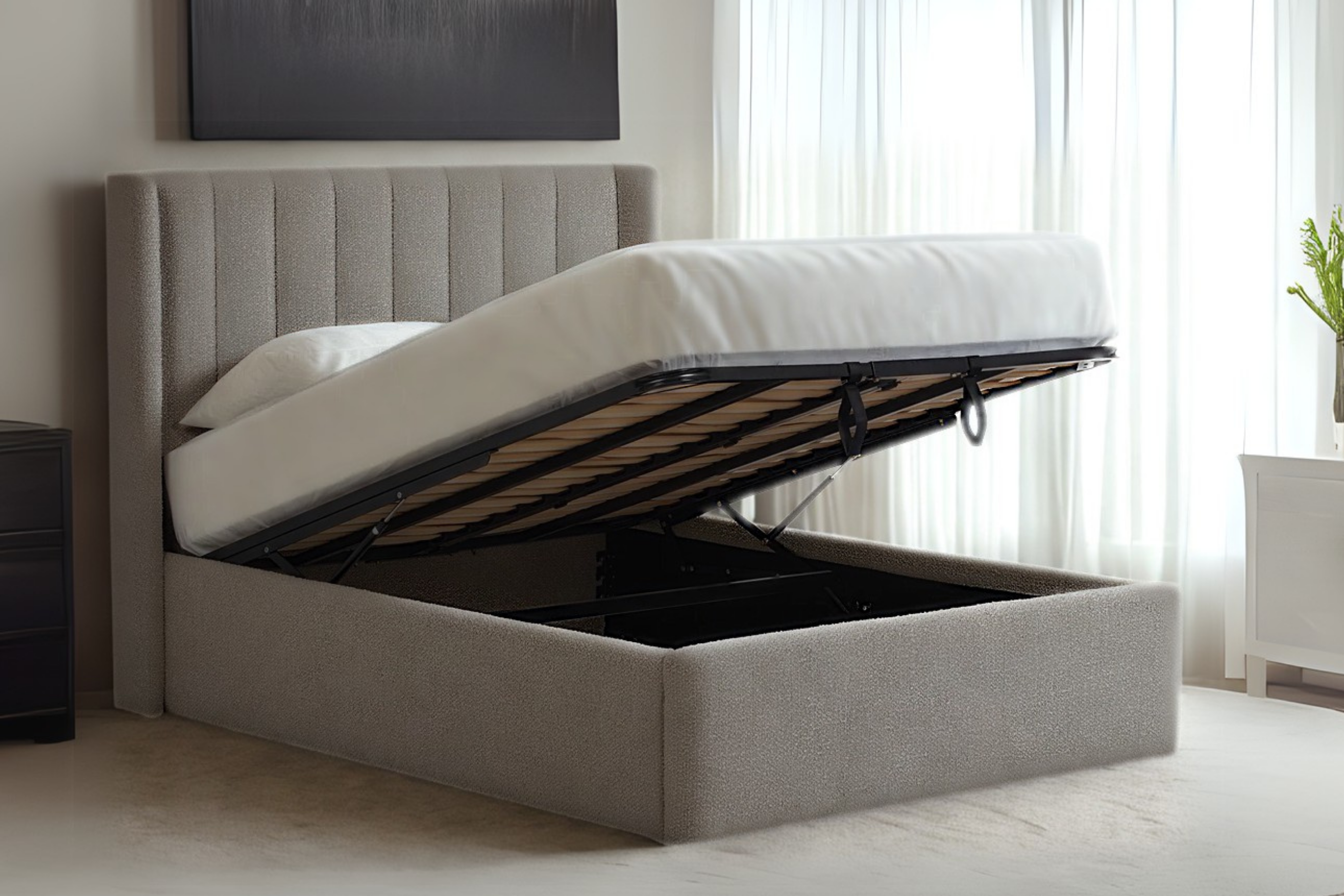 Lumley Modern Upholstered Ottoman Bed With Winged Headboard