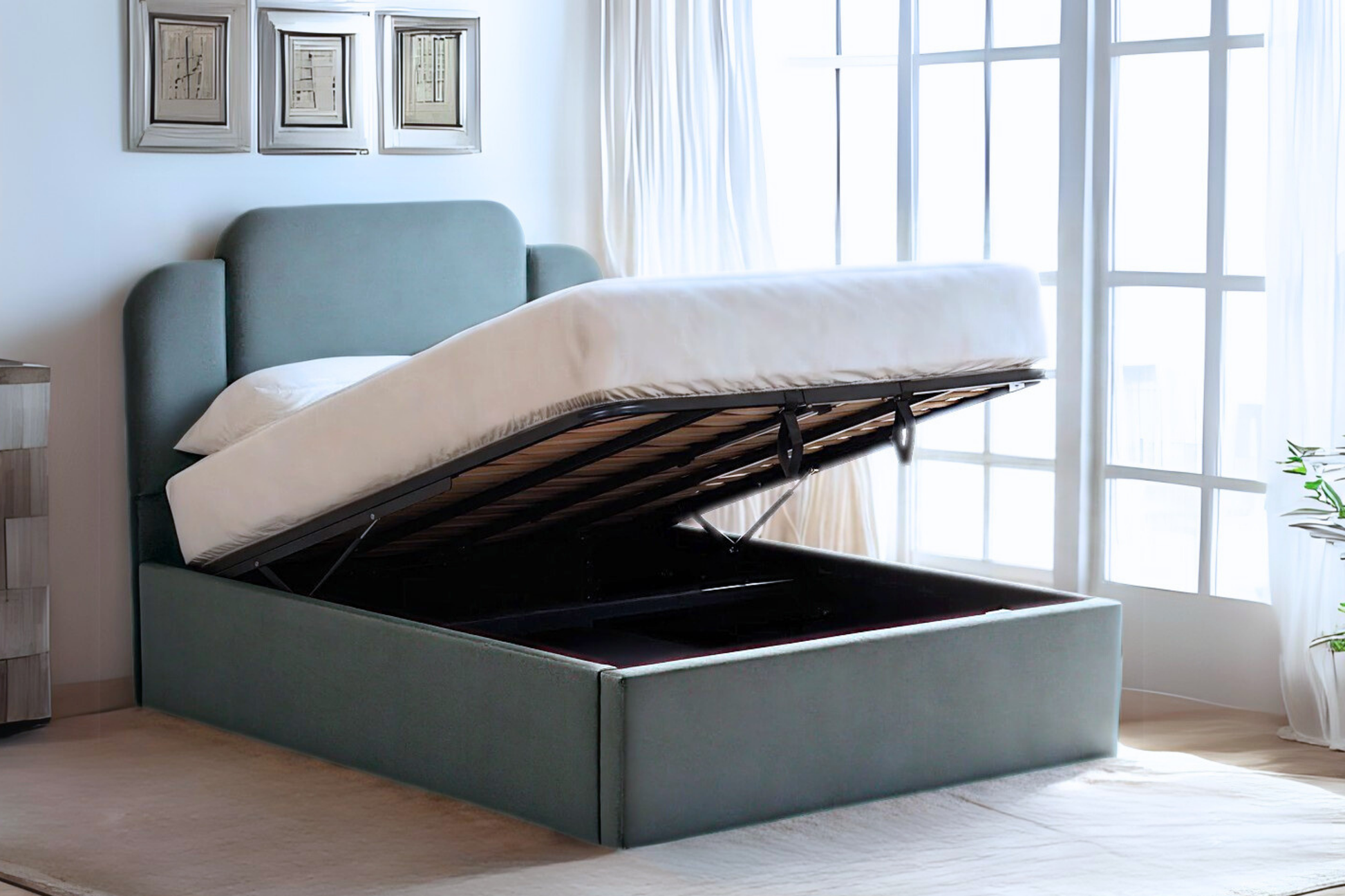 Paloma Modern Upholstered Ottoman Bed With Art Deco Headboard-1