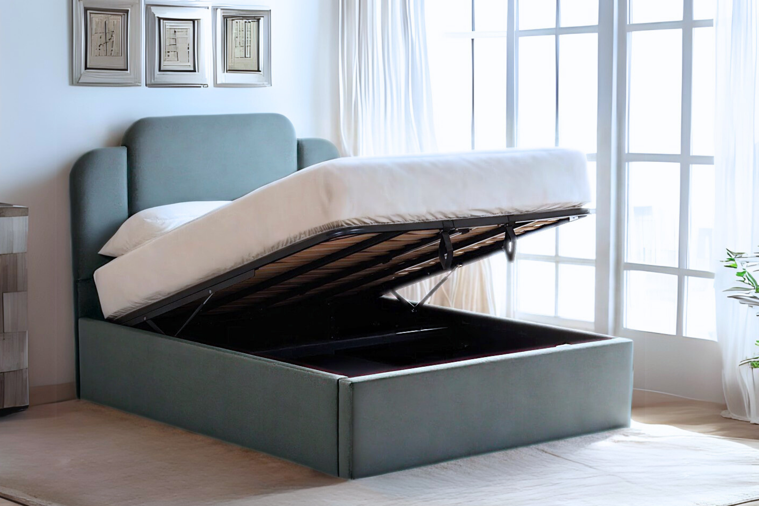 Paloma Modern Upholstered Ottoman Bed With Art Deco Headboard-zoom-1