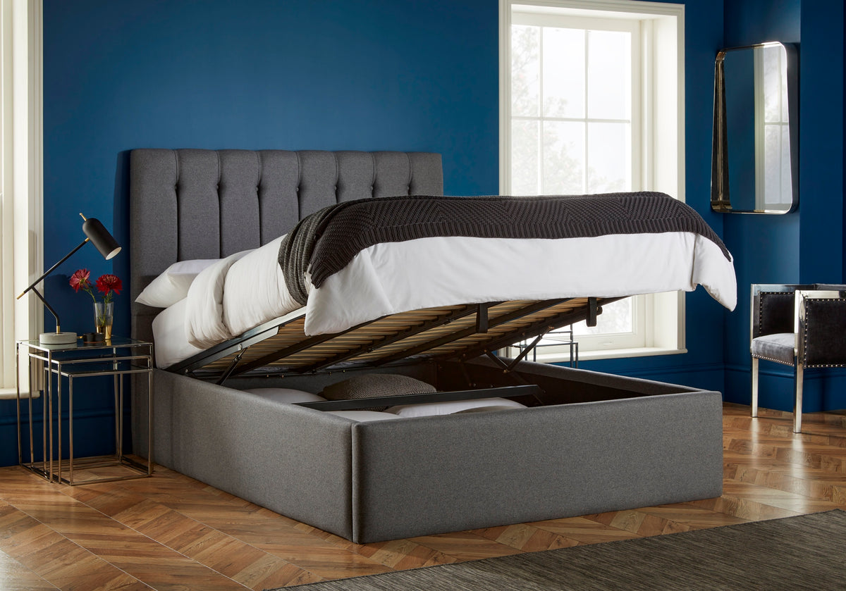 Lenny Upholstered end-lift ottoman bed with button-backed headboard