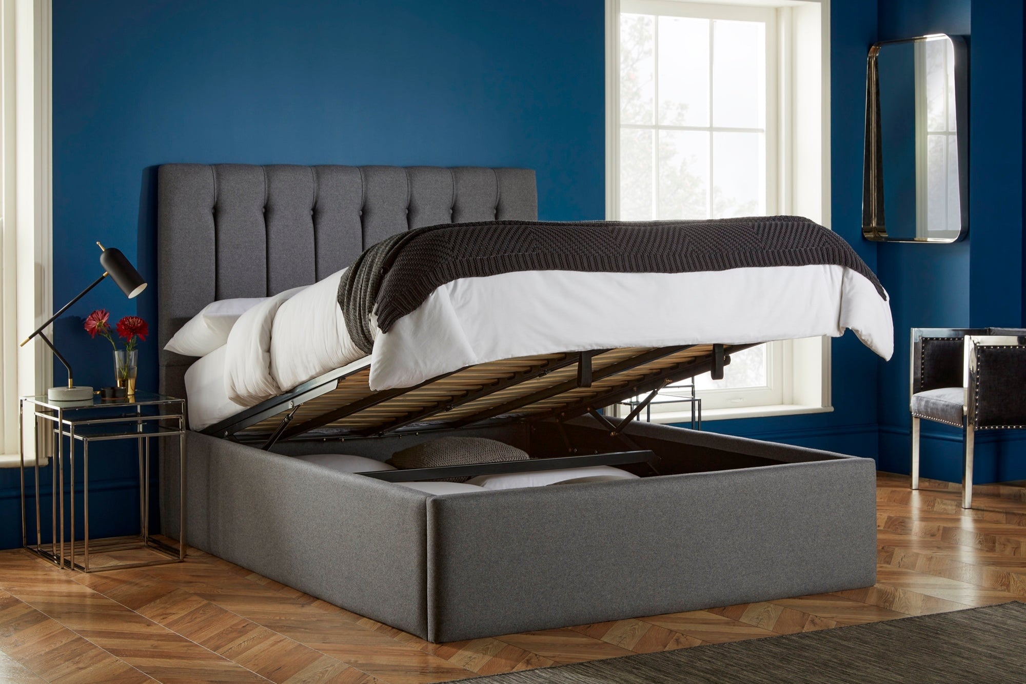 Lenny Upholstered End-Lift Ottoman Bed With Button-Backed Headboard