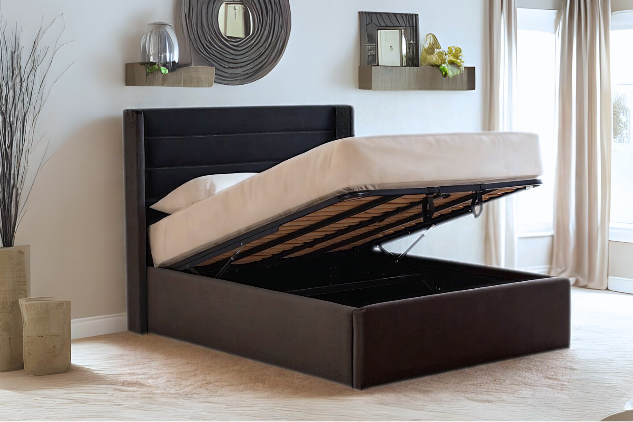 Tennant Modern Upholstered Ottoman Bed With Winged Headboard