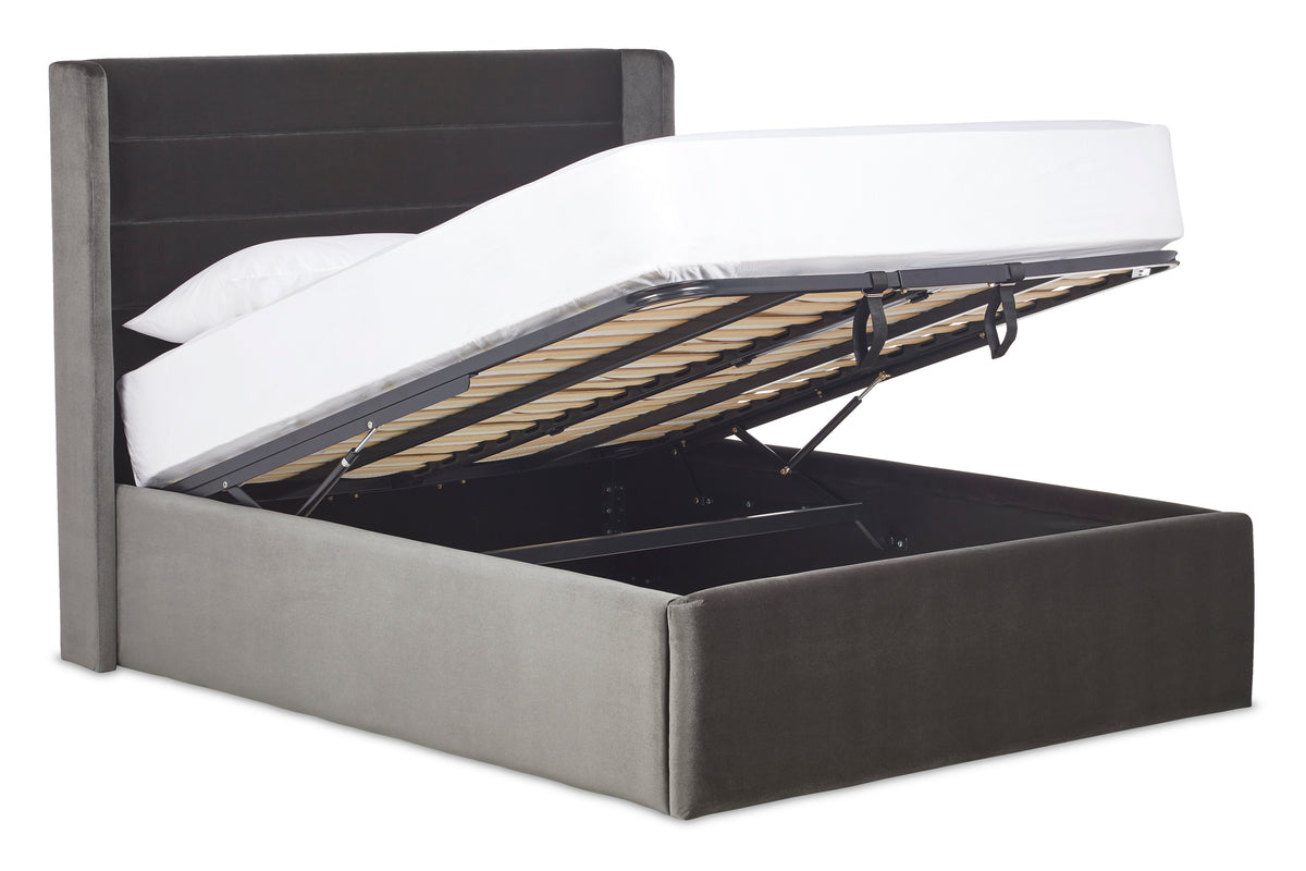 Tennant Modern upholstered ottoman bed with winged headboard