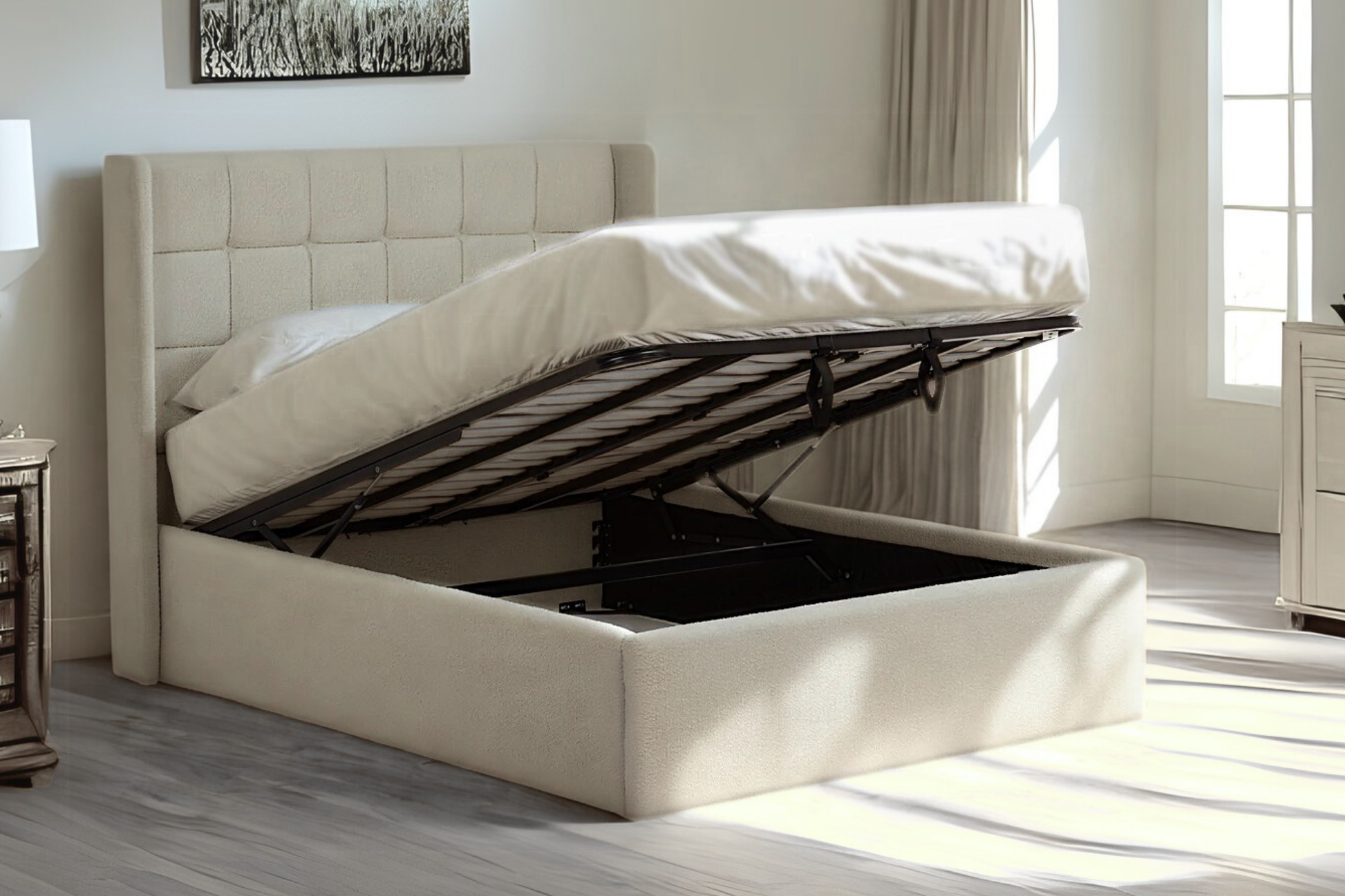 Watson Upholstered Ottoman Bed With Winged Fluted Headboard-1