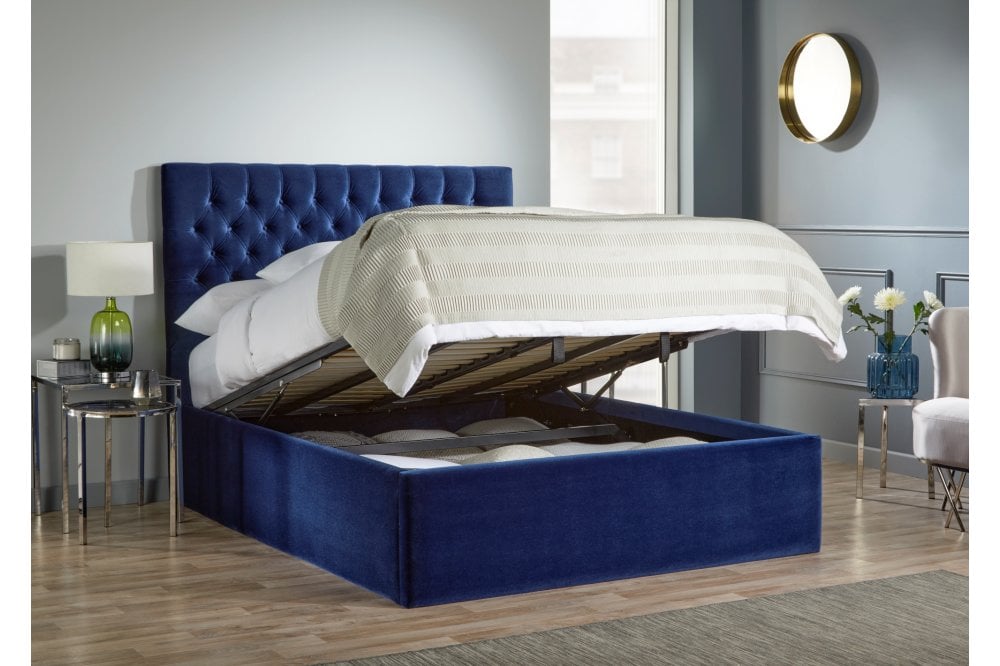 Lennon Upholstered end-lift ottoman bed with Chesterfield headboard