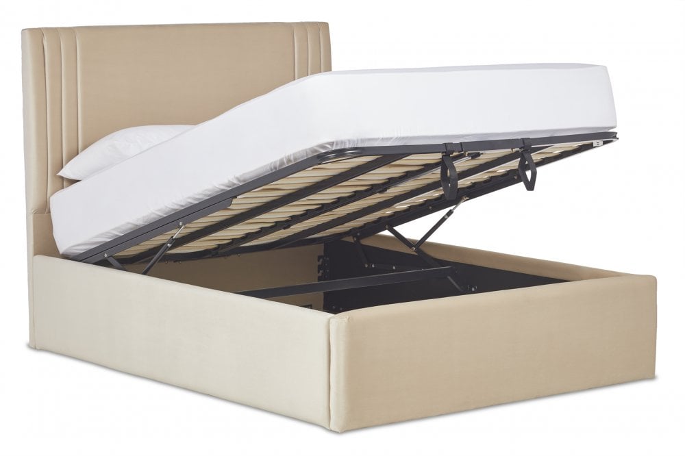Orton Contemporary upholstered ottoman bed with low foot end